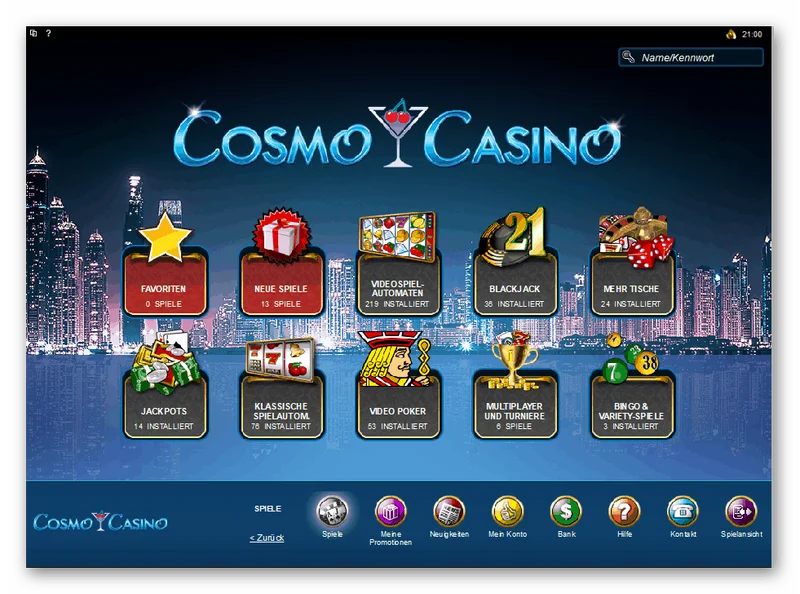 Cosmo Casino mobile casino interface showing games and bonuses